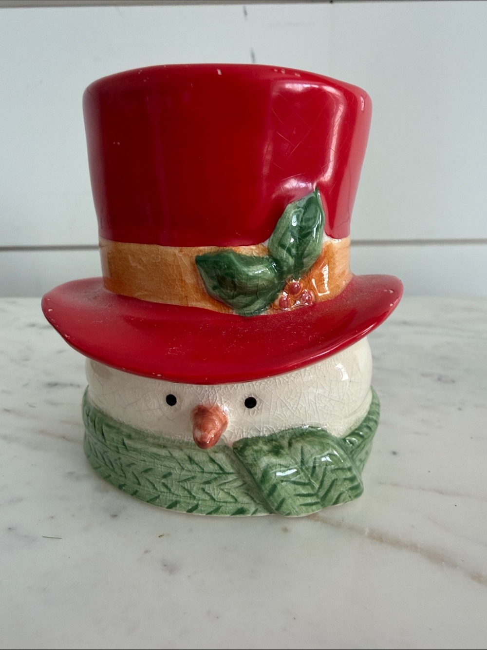 Vintage RUSS Snowman Red Hat Votive Holder